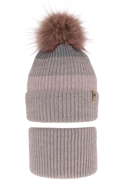 Flicka vinter set: mössa och halsduk, grå, med pompom, Gimena