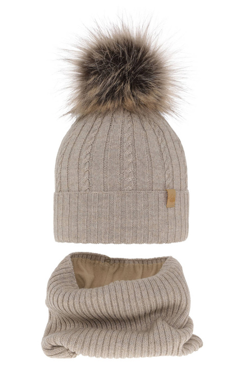 Flicka vinter set: mössa och tubhalsduk, beige, med merinull, Mirabel