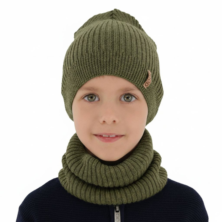 Pojke höst/vår set: mössa och tubhalsduk, khaki, 100% Merino Ull, Chester