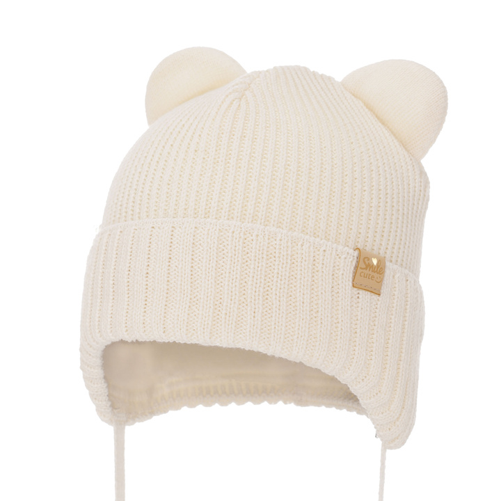 Flicka vintermössa, krem, med knytband, med merinull, Shira