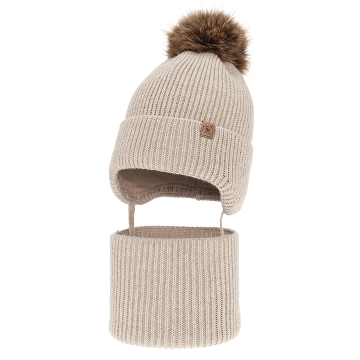 Pojke vinter set: mössa och halsduk, beige, med pompom, Zico