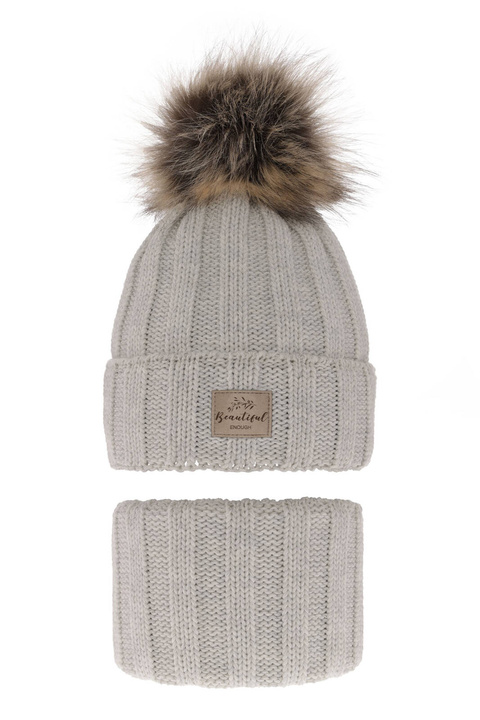 Flicka vinter set: mössa och tubhalsduk, grå, med pompom, Kaliope