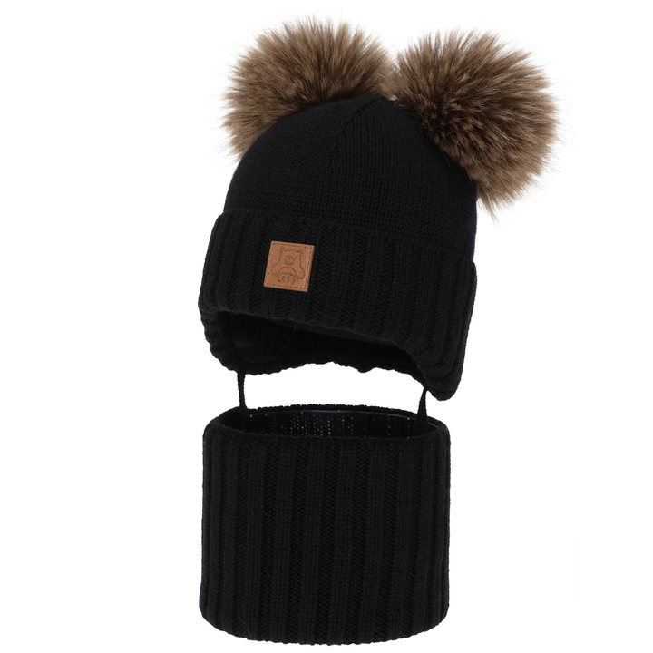 Pojke mössa och tubscarf, vinter set, svart, 100% merinull, fodrad med ullfleece, Ronik