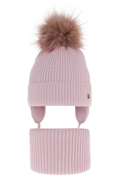 Flicka vinter set: mössa och halsduk, lila, med pompom, wiązany, Debra