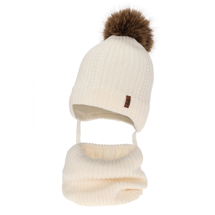 Pojke vinter set: mössa och halsduk, kremowy, med merinull, med knytband, Zongo