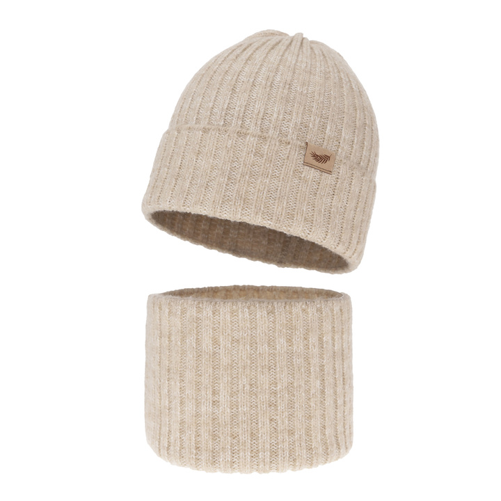 Flicka vinter set: mössa och tubhalsduk, beige, med merinull, Karmina