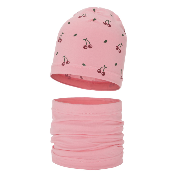 Flicka höst/vår set: mössa och tubhalsduk, rosa, i bomull, Cerise