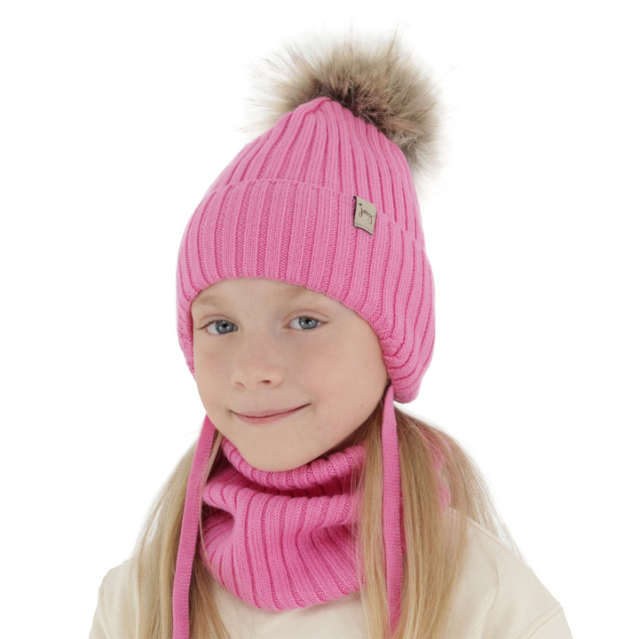 Flicka vinter set: mössa och halsduk, rosa, med knytband, 100% Merino Ull, Junika