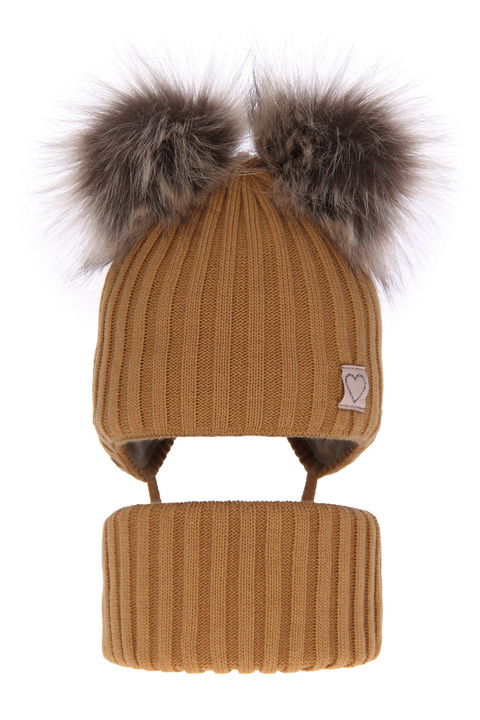 Flicka vinter set: mössa och tubhalsduk, camel, med två pompommar, wiązana, Telisa