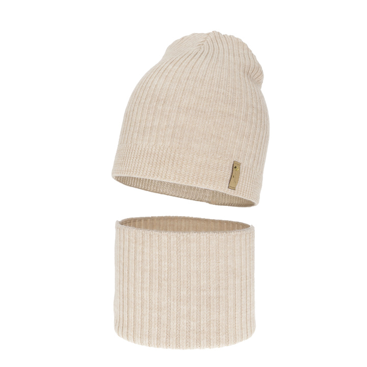 Flicka höst/vår set: mössa och halsduk, beige, 100% merinoull, Chelsie