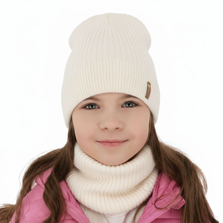 Flicka höst/vår set: mössa och tubhalsduk, krem, 100% Merino Ull, Chelsie