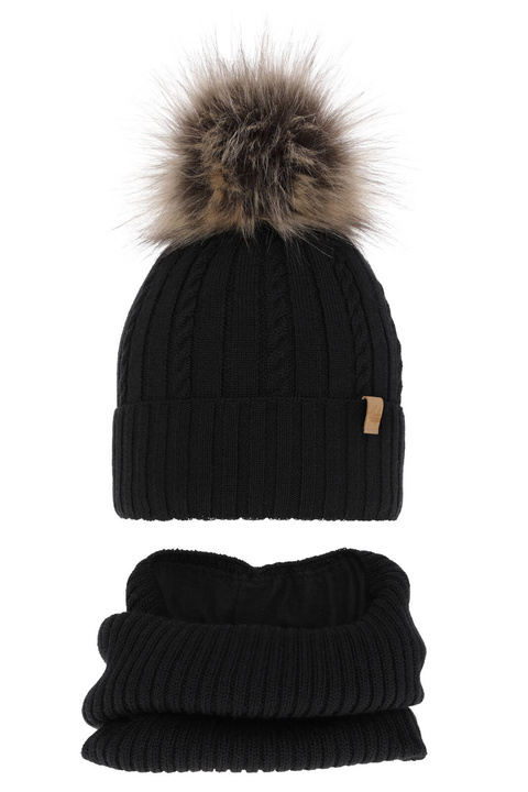 Flicka vinter set: mössa och halsduk, svart, med merinull, Mirabel