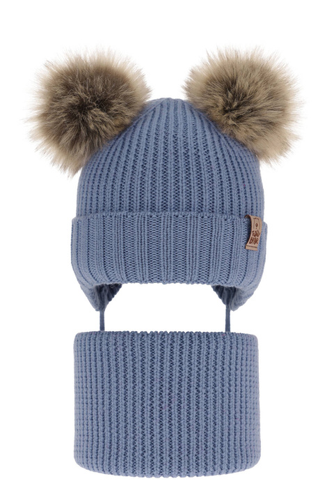 Pojke vinter set: mössa och halsduk, blå, med knytband, 100% Merino Ull, Konor