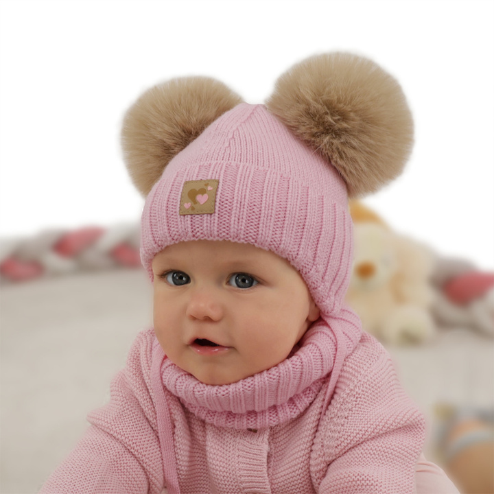 Flicka mössa och tubscarf, vinter set, rosa, 100% merinull, fodrad med ullfleece, Ronia