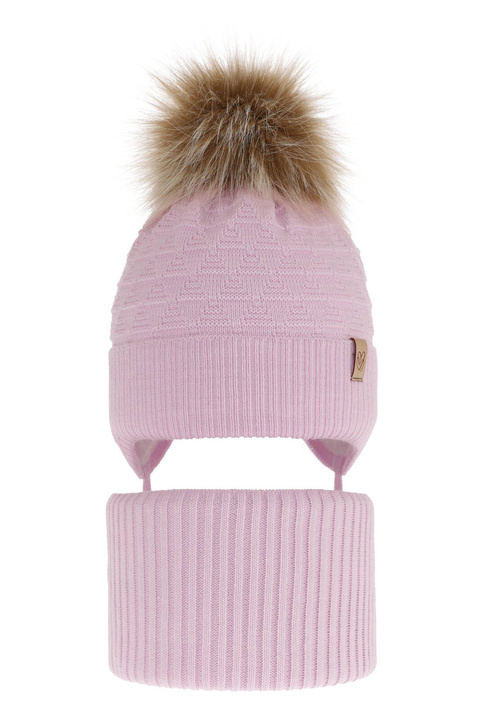 Flicka vinter set: mössa och tubhalsduk, lila, med pompom, knytband, Egeria