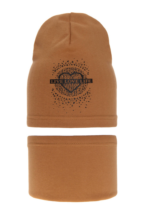 Flicka höst/vår set: mössa och tubhalsduk, camel, fodrad med bomull, Esmeralda