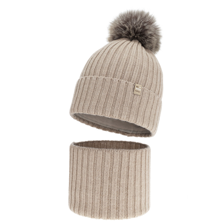 Flicka vinter set: mössa och tubhalsduk, beige, 100% Merino Ull, fodrad med bomull, med pompom, Terida