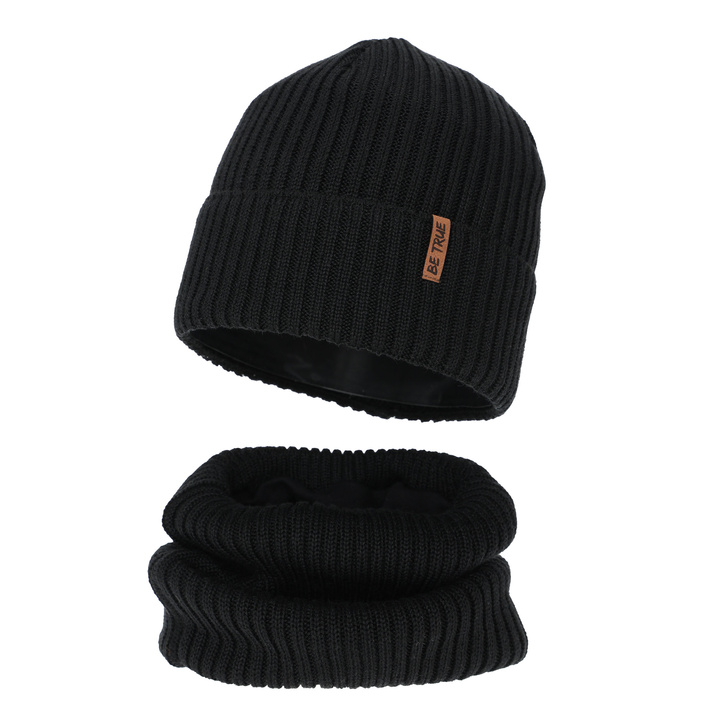 Pojke vinter set (mössa och tubhalsduk), svart, med merinull, Colton