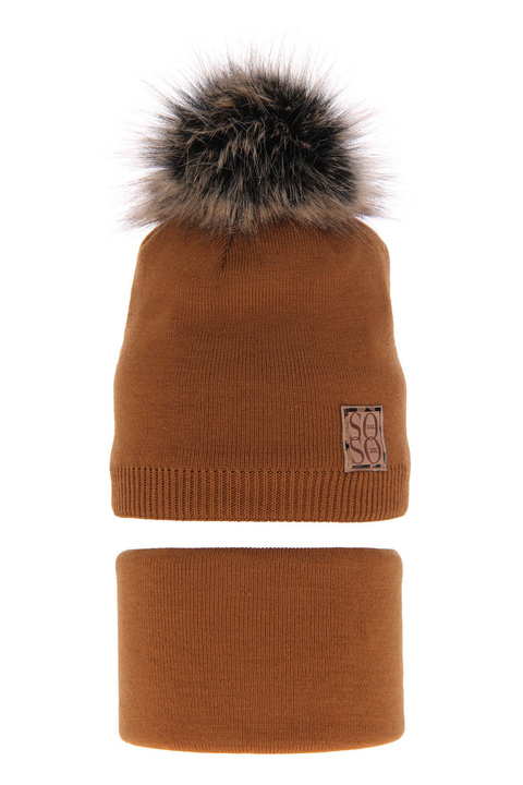 Flicka vinter set: mössa och tubhalsduk, camel, med pompom, Apolinka