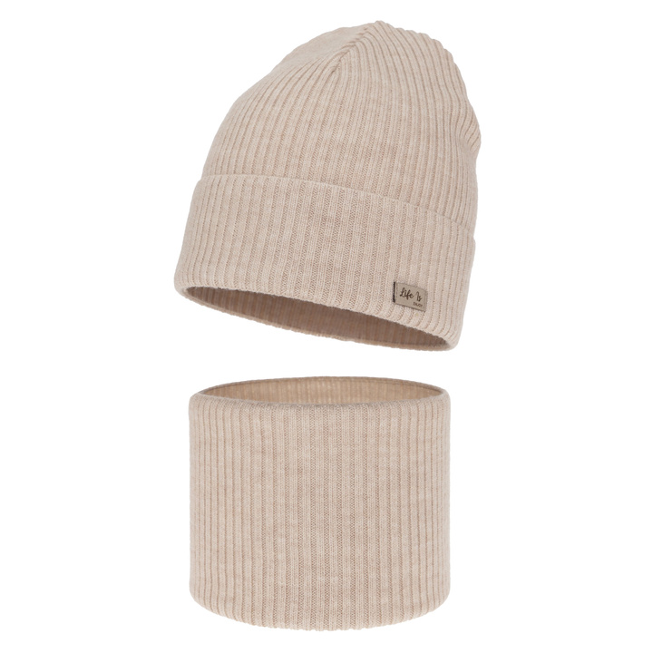 Flicka höst/vår set: mössa och tubhalsduk, beige, 100% Merino Ull, Itra