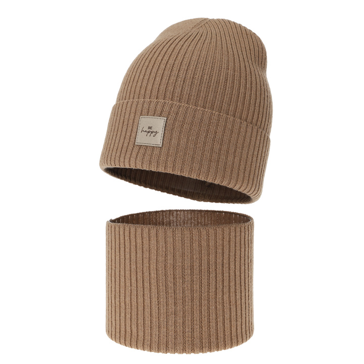 Flicka höst/vår set: mössa och tubhalsduk, camel, 100% Merino Ull, Vanita