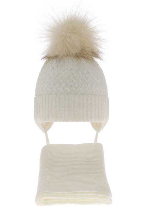 Flicka vinter set: mössa och halsduk, kremfärgad, med pompom, med knytband, Zelta