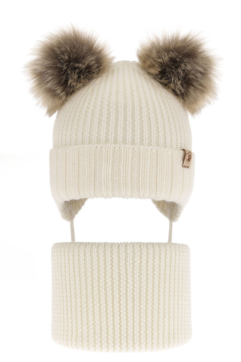 Flicka vinter set: mössa och halsduk, kremowy, med två pompommar, wiązany, 100% Merino Ull, Silvia