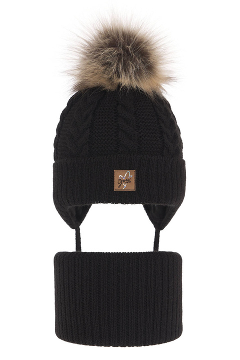 Flicka vinter set: mössa och tubhalsduk, svart, med pompom, med knytband, Finess