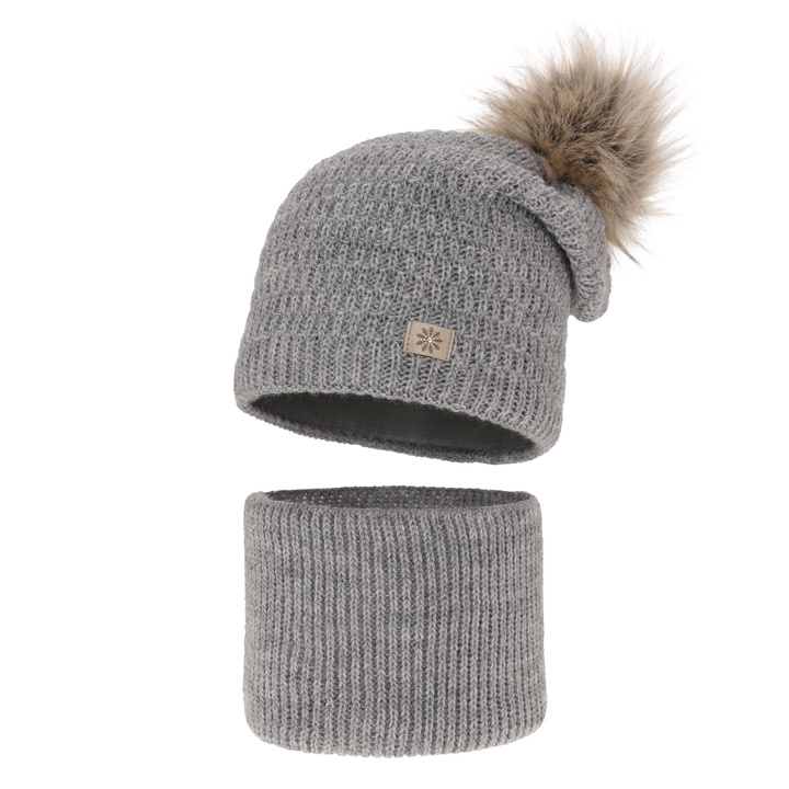 Flicka vinter set: mössa och halsduk, grå, med pompom, Germina