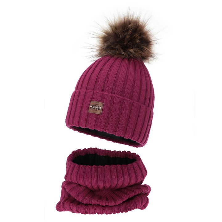 Flicka vinter set: mössa och tubhalsduk, amarantfärgad, fodrad med fleece, med merinull, Bellina