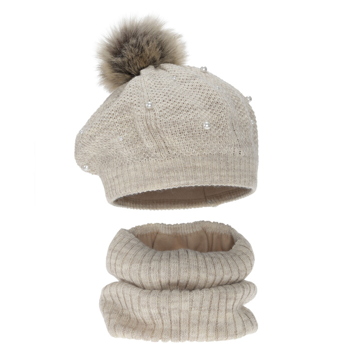 Flicka vinter set: basker och tubhalsduk, beige, fodrad med fleece, med pompom, Jeanette