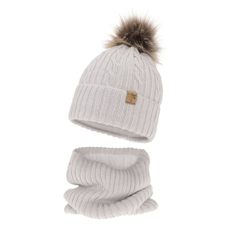 Flicka vinter set: mössa och halsduk, ljusgrå, med pompom, med merinull, Aprilia