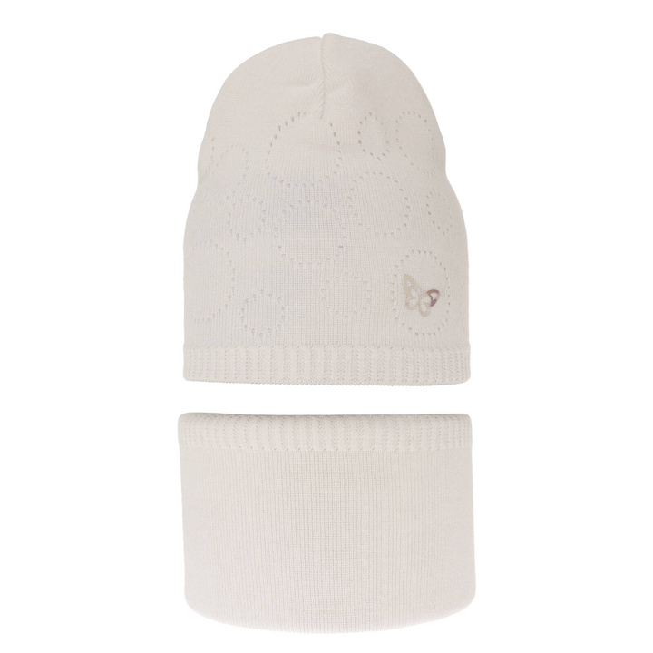 Flicka höst/vår set: mössa och tubhalsduk, cremig, med bomull, hålmönster, Amarilla