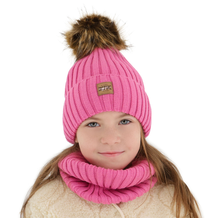 Flicka vinter set: mössa och tubhalsduk, rosa, fodrad med fleece, med merinull, Bellina