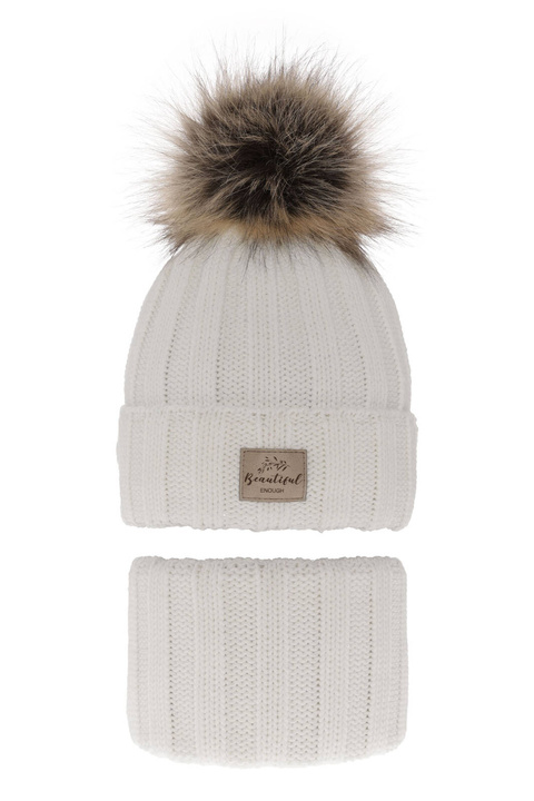 Flicka vinter set: mössa och halsduk, vit, med pompom, Kaliope