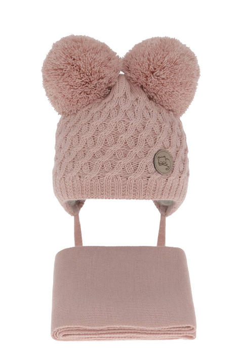 Flicka vinter set: mössa och halsduk, rosa, med två pompommar, med knytband, Anava