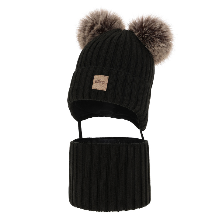 Pojke vinter set: mössa och halsduk, svart, med två pompommar, knytband, Orange