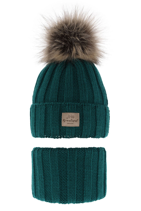 Flicka vinter set: mössa och halsduk, smaragdgrön, med pompom, Kaliope