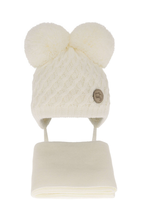 Flicka vinter set: mössa och halsduk, creme, med två pompommar, knytband, Anava