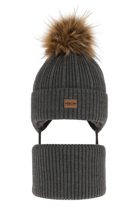 Pojke vinter set: mössa och halsduk, grå, med pompom, Eger