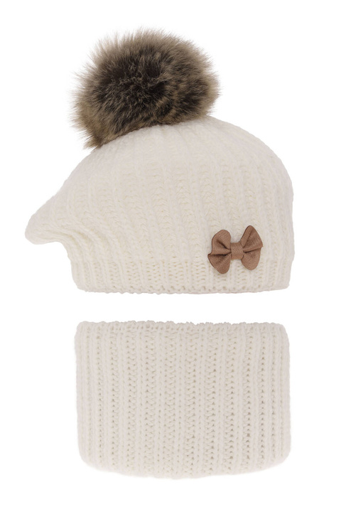 Flicka vinter set: mössa och tubhalsduk, krem, med pompom, Polinezja