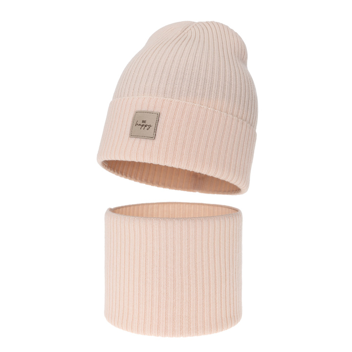 Flicka höst/vår set: mössa och tubhalsduk, ljusrosa, 100% Merino Ull, Vanita