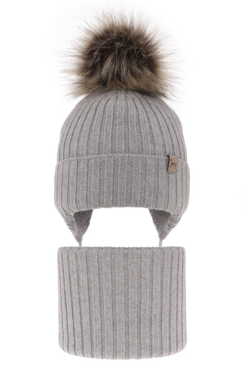 Flicka vinter set: mössa och halsduk, grå, med knytband, 100% Merino Ull, Junika