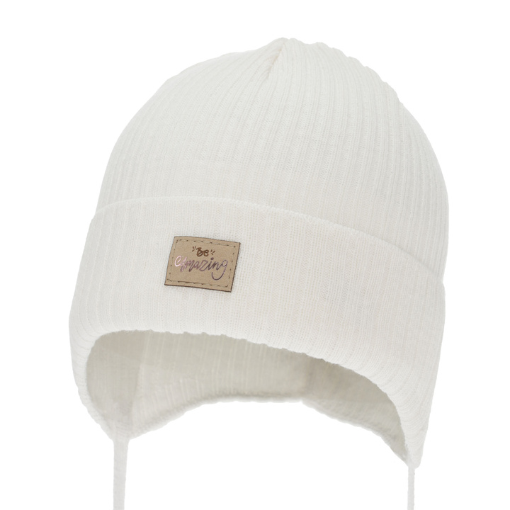 Flicka höst/vår mössa, vit, med knytband, med bomull, Tindra