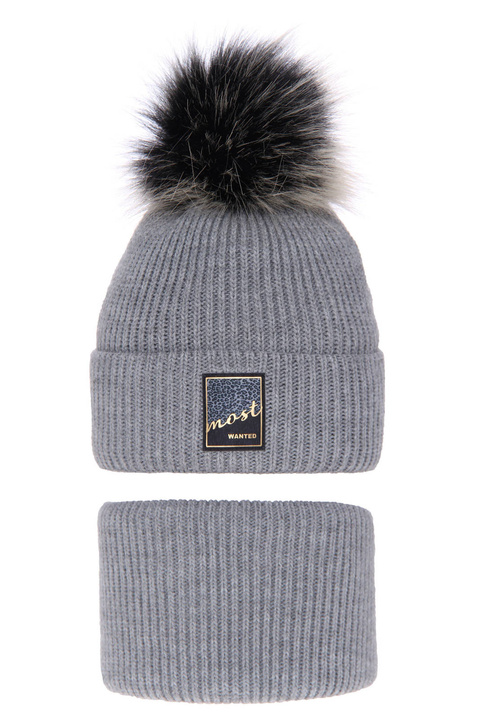 Flicka vinter set: mössa och tubhalsduk, grå, med pompom, Sycylia