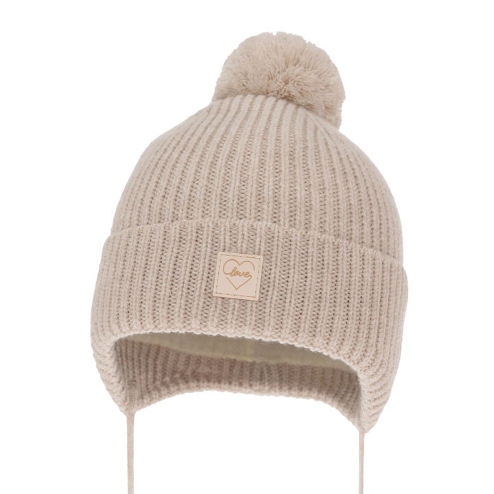 Flicka vintermössa, beige, med pompom, med merinull, fodrad med ullfleece, knytband, Havana