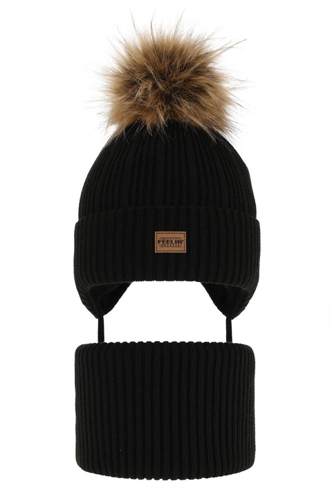 Pojke vinter set: mössa och tubhalsduk, svart, med pompom, Eger
