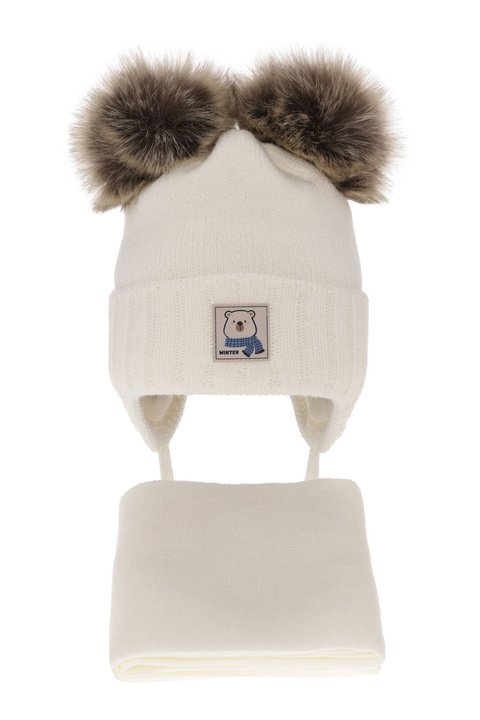 Pojke vinter set: mössa och halsduk, kremowy, med två pompommar, knytband, Jewel