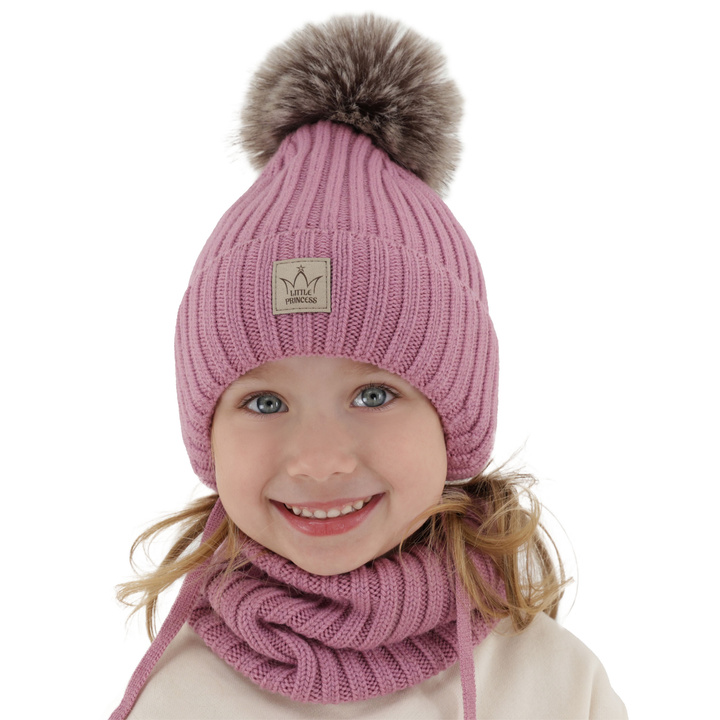 Flicka vinter set: mössa och tubhalsduk, lila, med 100% Merino Ull, fodrad med merinull, med knytband, Martina