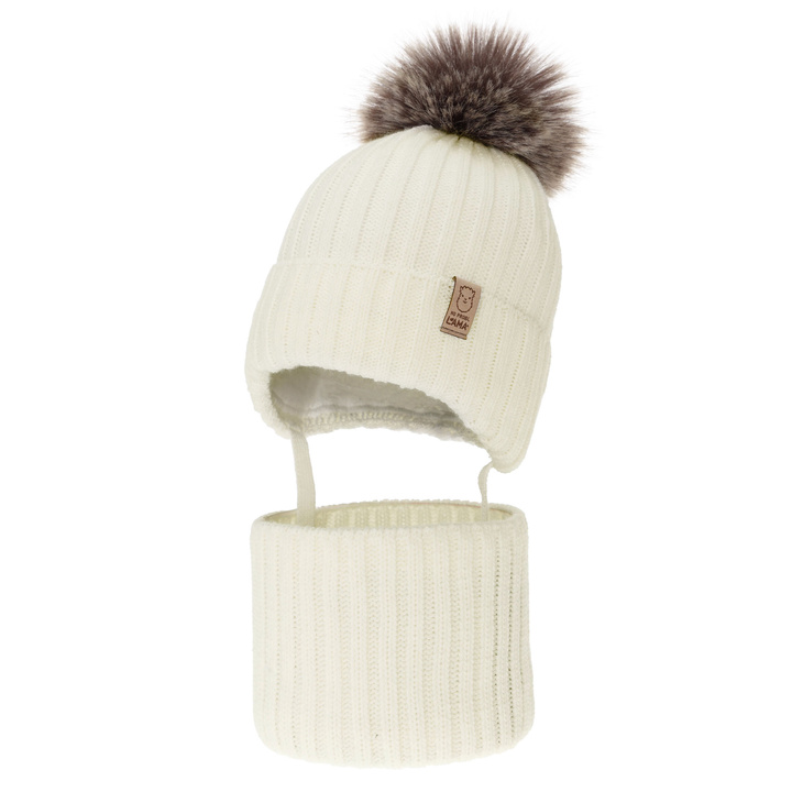 Flicka vinter set: mössa och tubhalsduk, creme, med pompom, Abigail